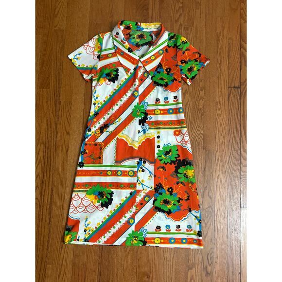 Vintage 1960s 70s Mod Dress Psychedelic Floral Geometric Print Collared Sz M - Picture 1 of 5